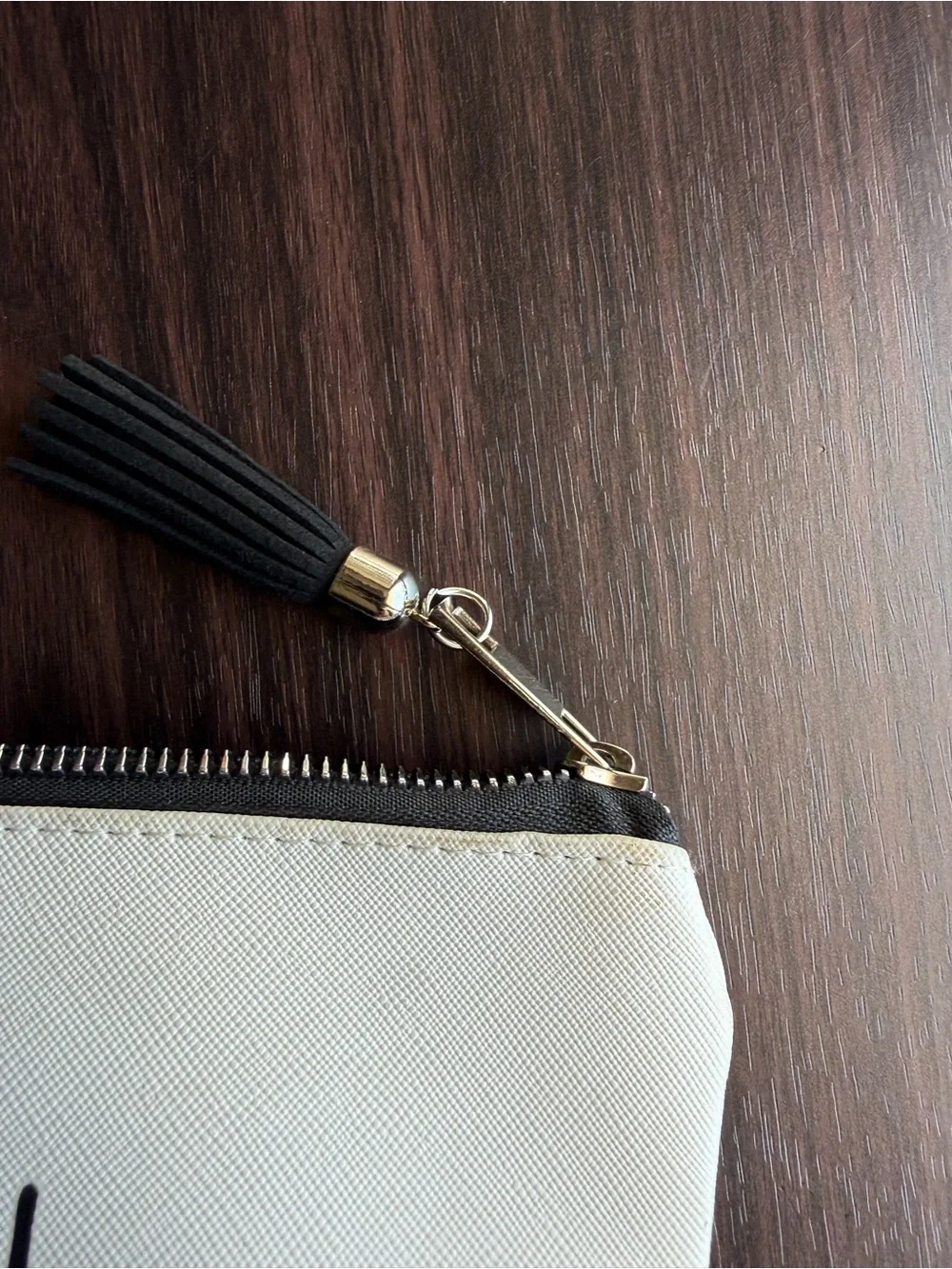 Rae Dunn STASH Makeup Bag Zip Pouch Tassel Pull White/Black PVC Polyester